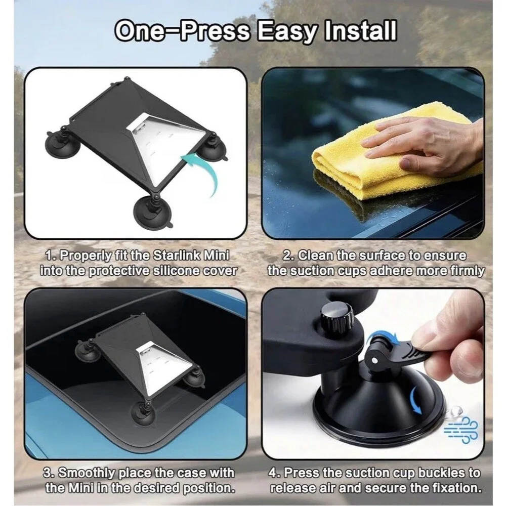 Starlink Mini Dish Silicone Protective Cover & Suction Cup Mount - Car/RV/Boat